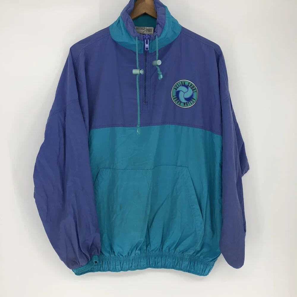 Vintage 80's Action Sport Teal & Purple Men's Anorak Windbreaker Jacket Size Med